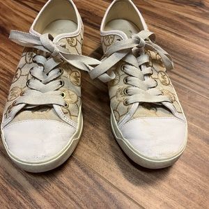 - Michael Kors logo, beige, white leather & canvas sneakers, size 7